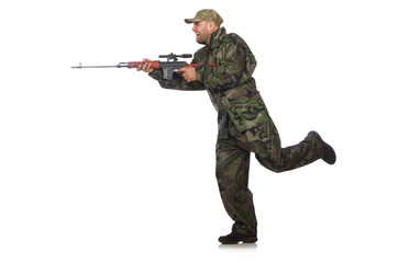 Running soldier with a handgun isolated on white