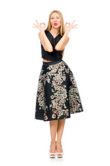 Naklejka premium Woman in floral dark skirt isolated on white