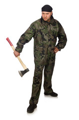 Young man in soldier uniform holding axe isolated on white