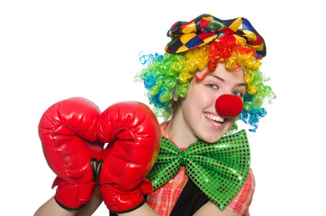 Female clown with box gloves  isolated on white