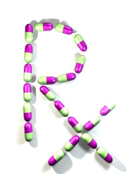 Rx: "medical prescription", mint-purpur-coloured capsules.