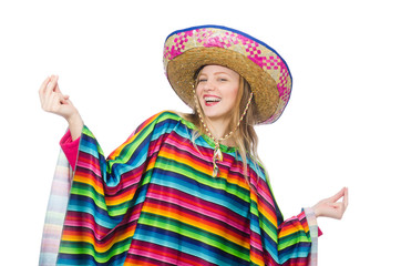 Pretty girl in mexican poncho isolated on white