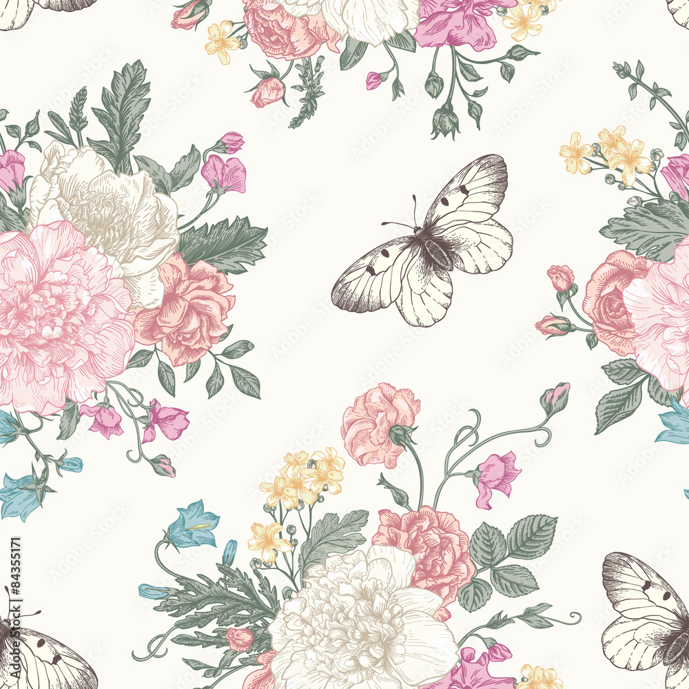 Wall mural seamless pattern flowers and butterflies.