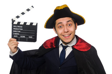 Young pirate holding clapperboard isolated on white