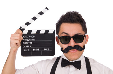 Whiskered young man with clapperboard isolated on white