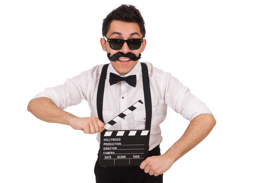 Whiskered young man with clapperboard isolated on white