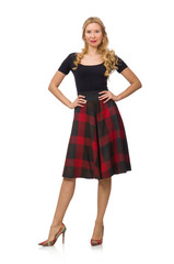 Beautiful young woman in plaid dress isolated on white