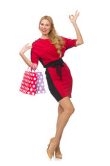 Beautiful lady in red black dress isolated on white