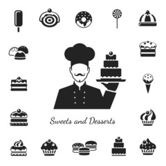 sweets, pastry, chocolate, cake, cupcake, ice cream, macaroon, donut, lollipop. flat design icons set and chef with cake