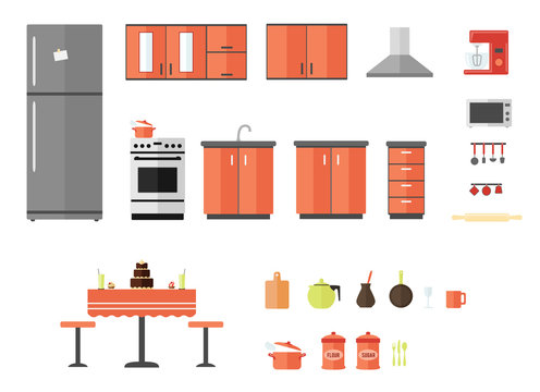 Kitchen furniture interior, appliances, objects and kitchenware flat design icons set. vector illustration