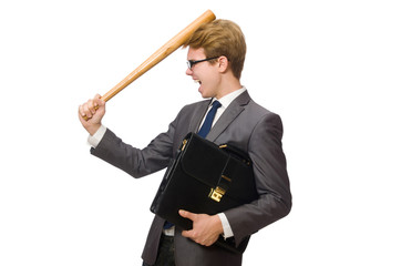 Young businessman with baseball bat isolated on white