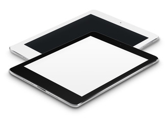 Realistic tablet computers with black and blank screens.