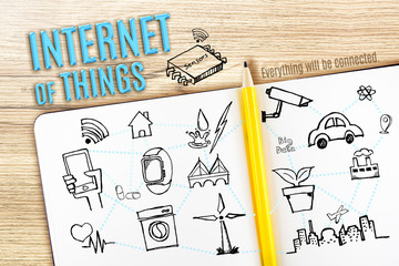 Open Notebook on wooden desk with sketch icon doodle with Intern