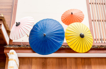 Colorful Japanese umbrella use to decoration infront of shop.