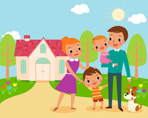 Fototapeta na wymiar illustration of happy family in front of their sweet home