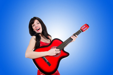 Naklejka premium Young singer guitar on white