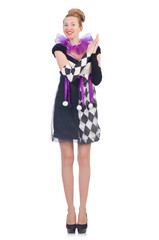 A girl in harlequin costume isolated on white