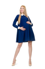 Beautiful pregnant woman in blue dress isolated on white