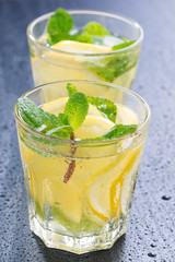 Fresh lemonade with mint in glasses on a dark background