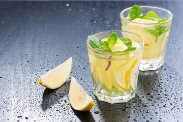 Fresh lemonade with mint in glasses on a dark background