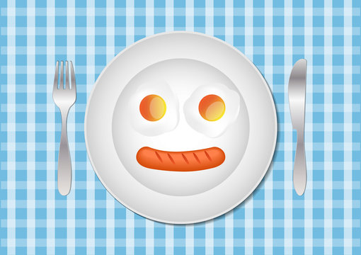 Fried eggs and sausage on plate, food ingredients, vector illust