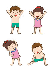 水泳　準備体操をする子どもたち