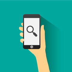 Hand holding smart phone flat design S E O concept.