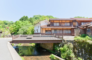 Old houses and bridge of Omori, Japan. UNESCO site