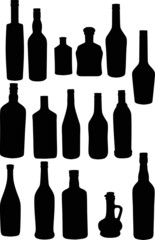 sixteen bottle silhouettes isolated on white
