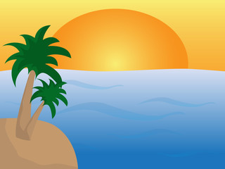 Fototapeta na wymiar Sea with island and palms with sunset