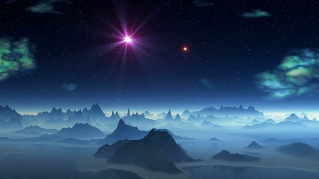 Two UFOs flying over alien planet