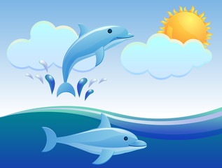 Two dolphins swimming in the sea