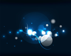 Glowing shiny bubbles and stars in dark space