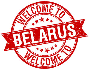 welcome to Belarus red round ribbon stamp