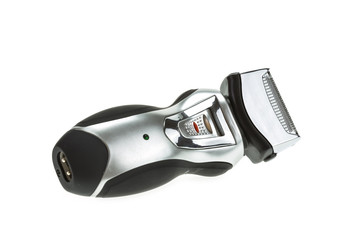 Close up mens black electric shaver isolated on white