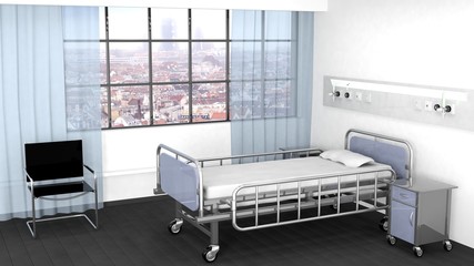 Bed, bedside table and chair in hospital room with window