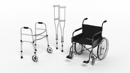 Black disability wheelchair crutch and metallic walker isolated