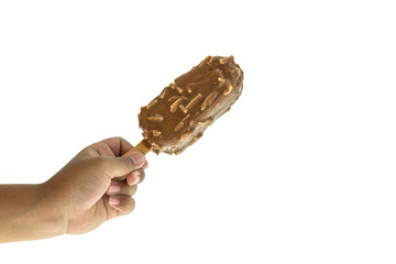 Close up hand holding ice cream isolated on white