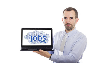 Businessman holding Laptop with Jobs concept