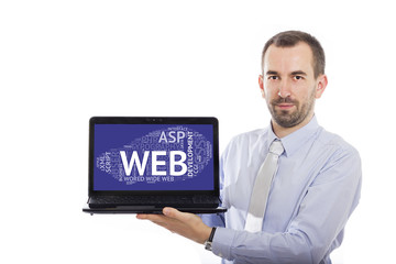 Businessman holding Laptop with Web Development concept