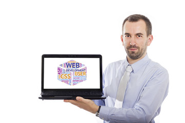 Businessman holding Laptop with Web Development concept