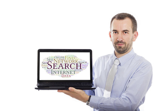 Businessman holding Laptop with Searching concept