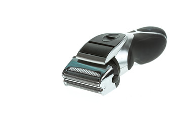 Close up mens black electric shaver isolated on white