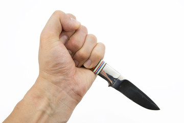 A hand holding a Thai knife isolated on white background 