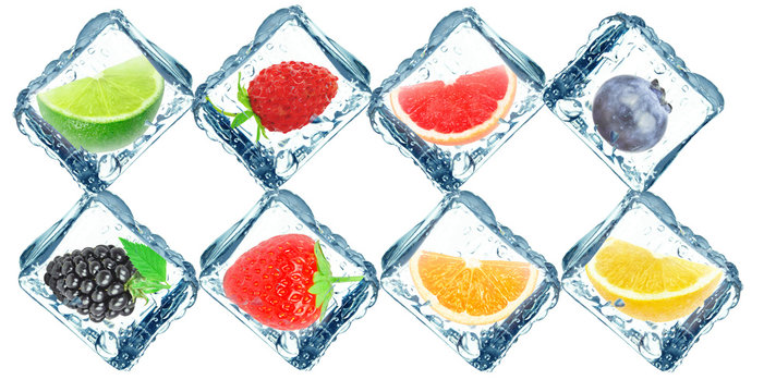 Fototapeta fruit in ice cube isolated on white background