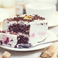 Delicious chocolate cake on plate on table on light background