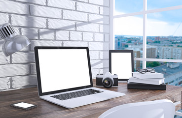 Fototapeta premium 3D illustration laptopand work stuff on table near brick wall