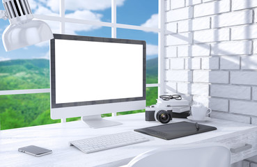 Fototapeta premium 3D illustration PC screen on table in office, Workspace