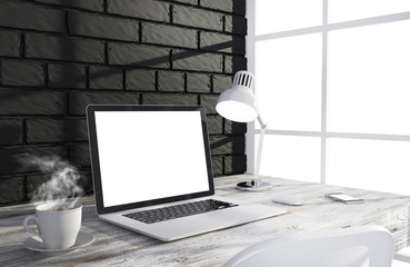 3D illustration laptopand work stuff on table near brick wall