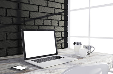 Fototapeta premium 3D illustration laptopand work stuff on table near brick wall